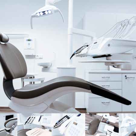 black and white dentist chair and equipment